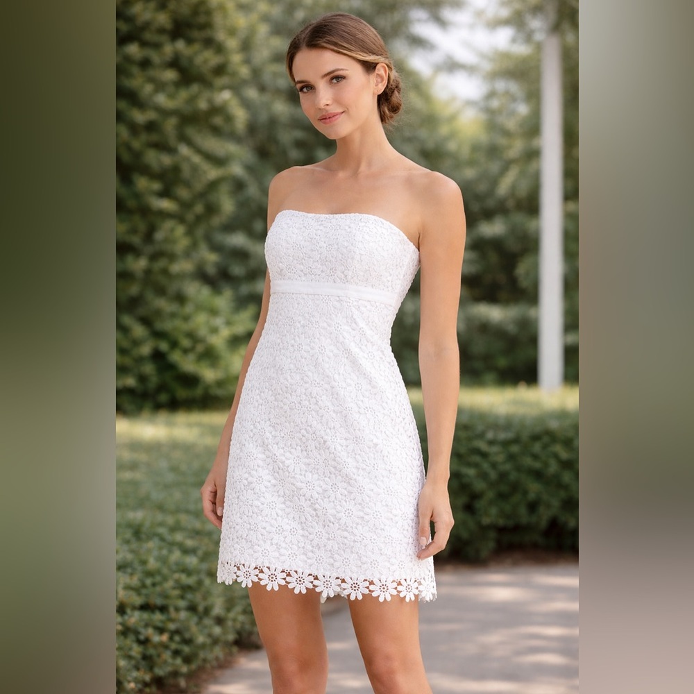 LILLY PULITZER White 3D Floral Lace Midi Dress With Organza Ribbon Detail Sz 8